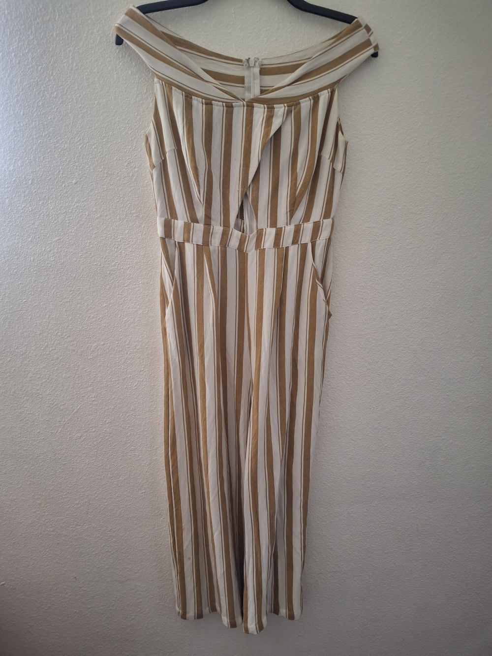 Off-Shoulder Striped Jumpsuit in Cream and Tan